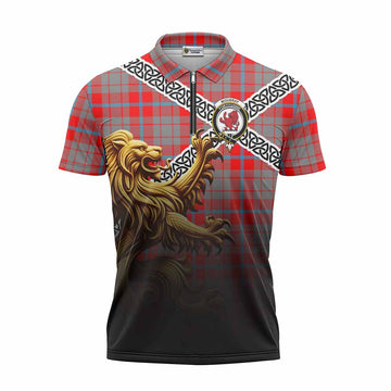 Moubray Crest Tartan Zipper Polo Shirt with Golden Lion Emblem Celtic Style Unisex - Tartan Vibes Clothing