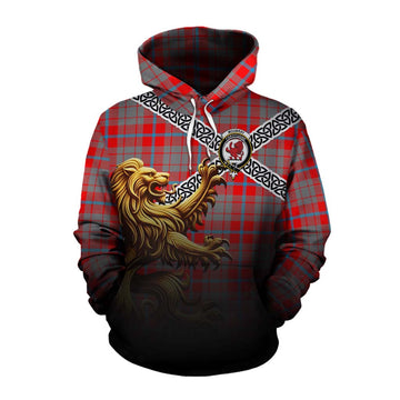 Tartan Vibes Clothing Moubray Crest Tartan Cotton Hoodie with Golden Lion Emblem Celtic Style