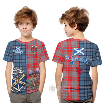 Moubray Tartan Kid T-Shirt Happy St. Andrew's Day Half Tartan Style Youth XL Size14 - Tartan Vibes Clothing