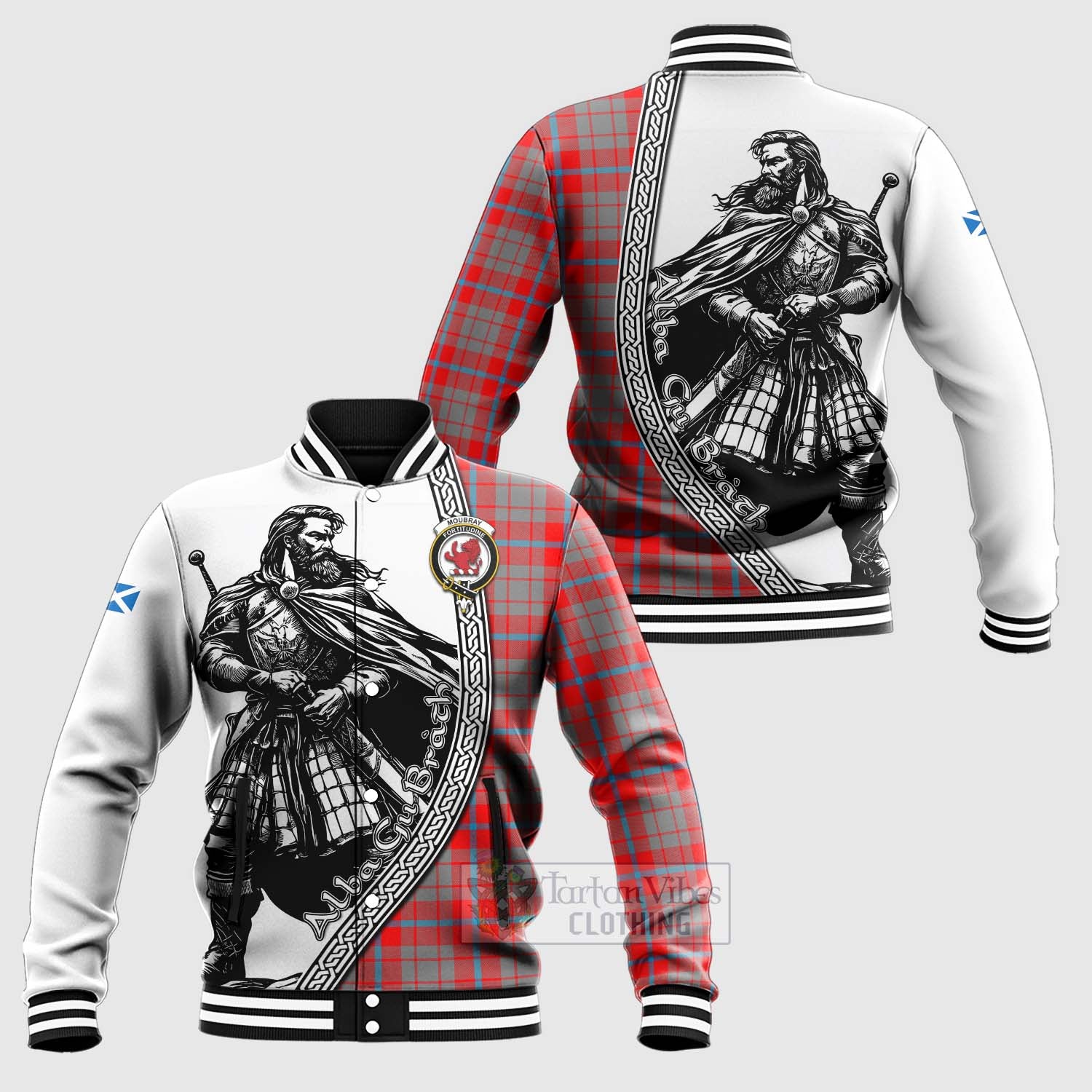 Moubray Tartan Clan Crest Baseball Jacket with Highlander Warrior Celtic Style Unisex - Tartan Vibes Clothing
