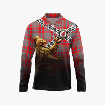 Moubray Crest Tartan Long Sleeve Polo Shirt with Golden Lion Emblem Celtic Style Unisex - Tartan Vibes Clothing