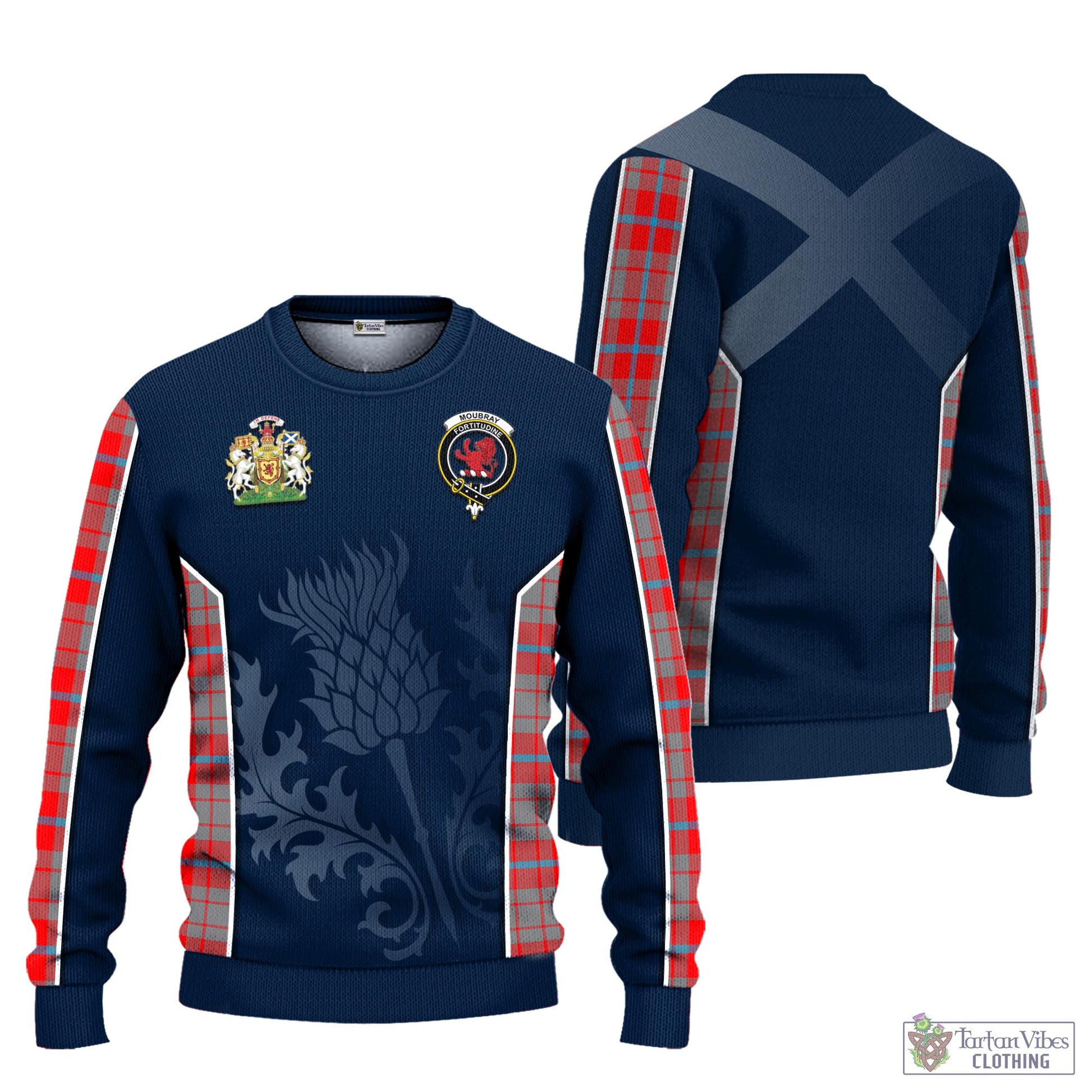 Moubray Tartan Knitted Sweatshirt with Family Crest and Scottish Thistle Vibes Sport Style Unisex - Tartan Vibes Clothing