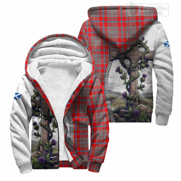 Moubray Tartan Sherpa Hoodie with Family Crest and St. Andrew's Cross Accented by Thistle Vines Unisex S - Tartan Vibes Clothing