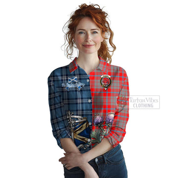 Moubray Tartan Women's Casual Shirt Happy St. Andrew's Day Half Tartan Style Female - Tartan Vibes Clothing