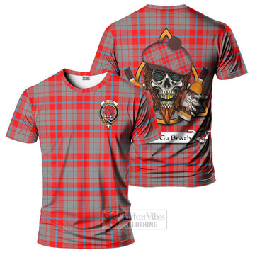 Moubray Tartan T-Shirt with Family Crest and Bearded Skull Holding Bottles of Whiskey Kid's Shirt - Tartan Vibes Clothing