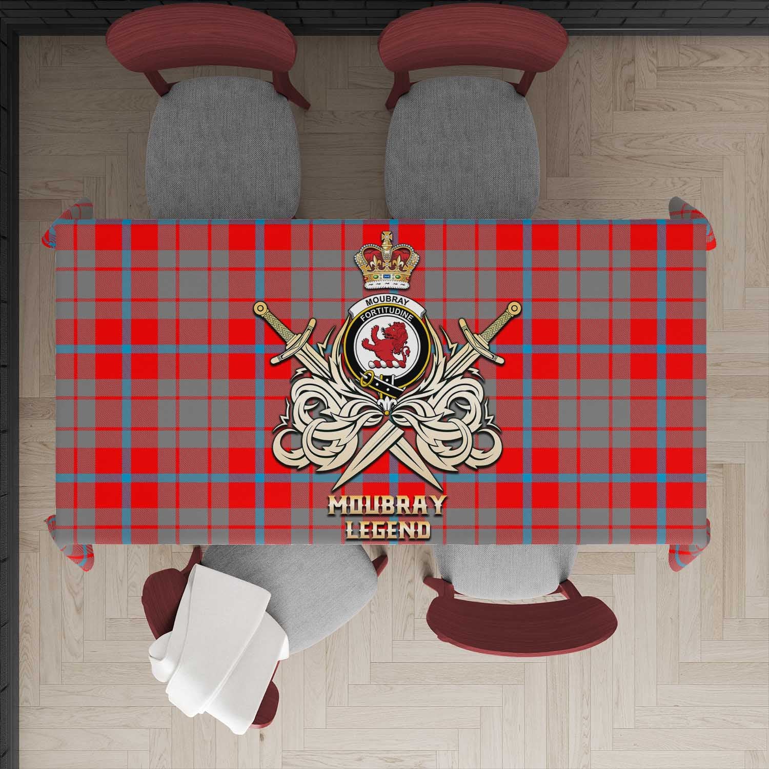 Tartan Vibes Clothing Moubray Tartan Tablecloth with Clan Crest and the Golden Sword of Courageous Legacy