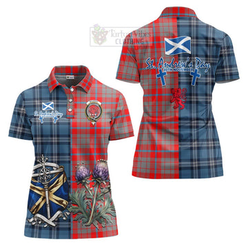 Moubray Tartan Women's Polo Shirt Happy St. Andrew's Day Half Tartan Style Women - Tartan Vibes Clothing