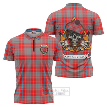 Moubray Tartan Zipper Polo Shirt with Family Crest and Bearded Skull Holding Bottles of Whiskey Unisex - Tartan Vibes Clothing