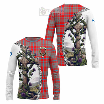 Moubray Tartan Long Sleeve T-Shirt with Family Crest and St. Andrew's Cross Accented by Thistle Vines Unisex - Tartan Vibes Clothing