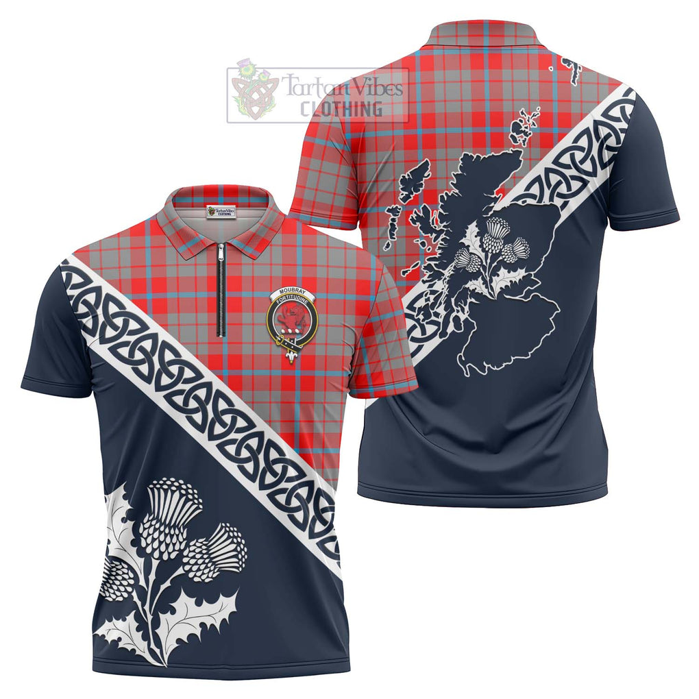 Moubray Tartan Zipper Polo Shirt Featuring Thistle and Scotland Map Unisex - Tartanvibesclothing Store
