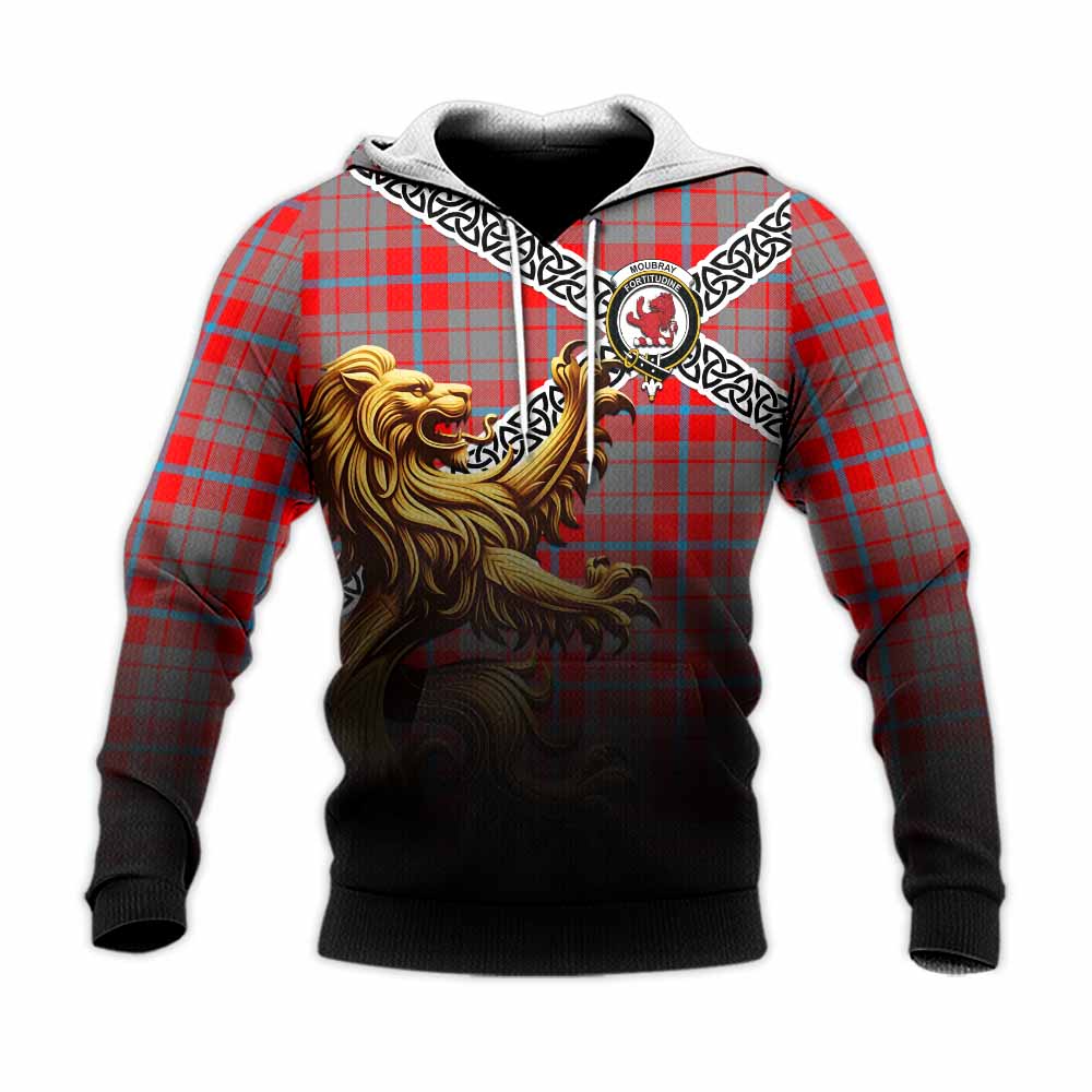 Moubray Crest Tartan Knitted Hoodie with Golden Lion Emblem Celtic Style Unisex Knitted Pullover Hoodie - Tartan Vibes Clothing