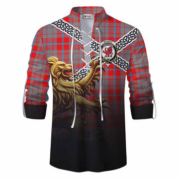 Moubray Crest Tartan Ghillie Kilt Shirt with Golden Lion Emblem Celtic Style Men - Tartan Vibes Clothing