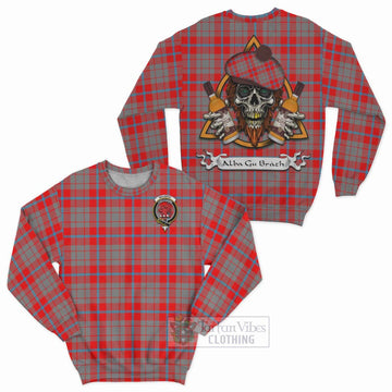 Moubray Tartan Sweatshirt with Family Crest and Bearded Skull Holding Bottles of Whiskey Unisex - Tartan Vibes Clothing