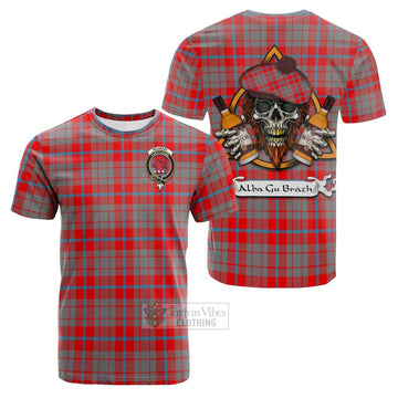 Moubray Tartan Cotton T-shirt with Family Crest and Bearded Skull Holding Bottles of Whiskey