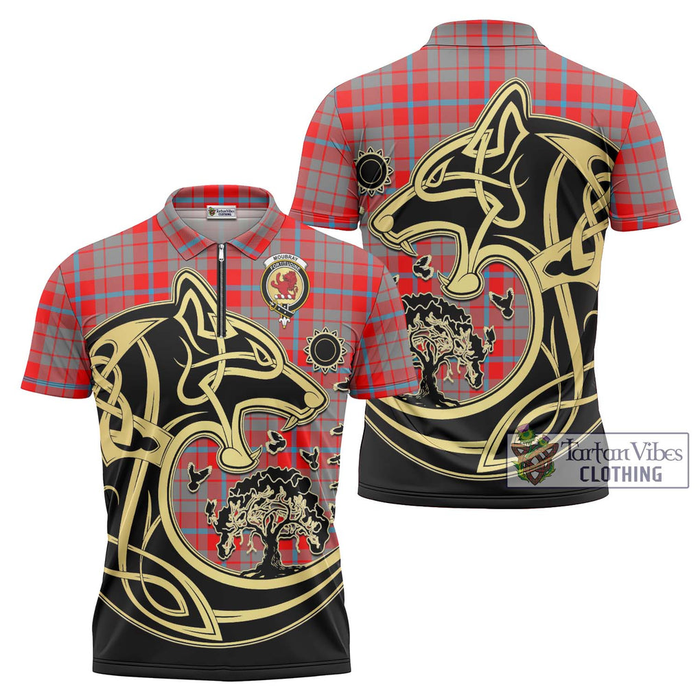 Moubray Tartan Zipper Polo Shirt with Family Crest Celtic Wolf Style Unisex - Tartan Vibes Clothing