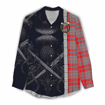 Moubray Tartan Women's Casual Shirt with Family Crest Cross Sword Thistle Celtic Vibes Female - Tartan Vibes Clothing
