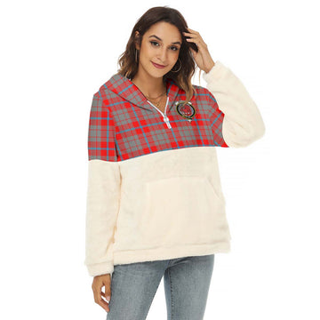 Moubray Tartan Half Style Women's Borg Fleece Hoodie with Half Zip with Family Crest Female - Tartan Vibes Clothing
