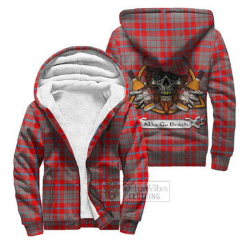 Moubray Tartan Sherpa Hoodie with Family Crest and Bearded Skull Holding Bottles of Whiskey Unisex S - Tartan Vibes Clothing