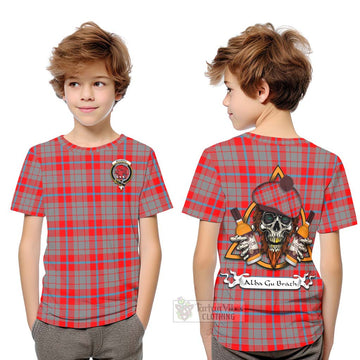 Moubray Tartan Kid T-Shirt with Family Crest and Bearded Skull Holding Bottles of Whiskey Youth XL Size14 - Tartan Vibes Clothing