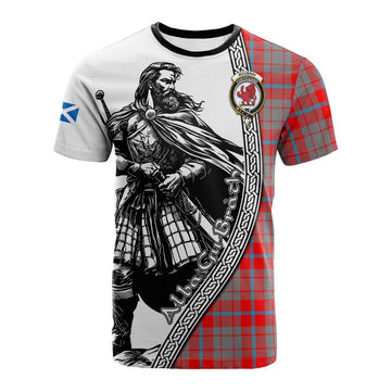 Moubray Tartan Clan Crest Cotton T-shirt with Highlander Warrior Celtic Style