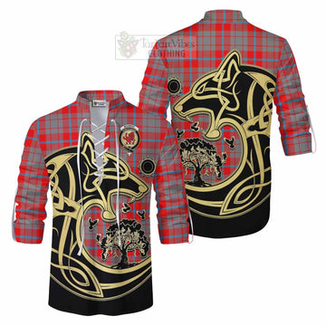 Moubray Tartan Ghillie Kilt Shirt with Family Crest Celtic Wolf Style Men - Tartan Vibes Clothing