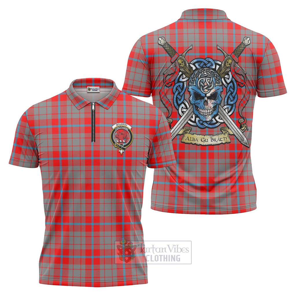 Moubray Tartan Zipper Polo Shirt with Family Crest Celtic Skull Style Unisex - Tartan Vibes Clothing