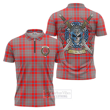 Moubray Tartan Zipper Polo Shirt with Family Crest Celtic Skull Style Unisex - Tartan Vibes Clothing