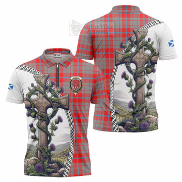Moubray Tartan Zipper Polo Shirt with Family Crest and St. Andrew's Cross Accented by Thistle Vines Unisex - Tartan Vibes Clothing
