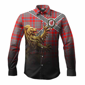 Moubray Crest Tartan Long Sleeve Button Shirt with Golden Lion Emblem Celtic Style Men's Shirt S - Tartan Vibes Clothing