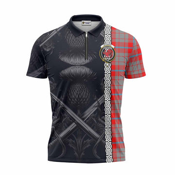 Moubray Tartan Zipper Polo Shirt with Family Crest Cross Sword Thistle Celtic Vibes Unisex - Tartan Vibes Clothing