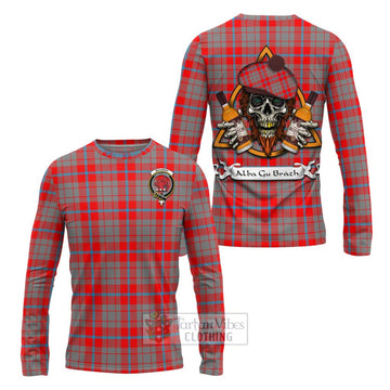 Moubray Tartan Long Sleeve T-Shirt with Family Crest and Bearded Skull Holding Bottles of Whiskey Unisex - Tartan Vibes Clothing
