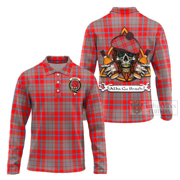 Moubray Tartan Long Sleeve Polo Shirt with Family Crest and Bearded Skull Holding Bottles of Whiskey Unisex - Tartan Vibes Clothing