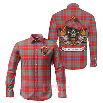Moubray Tartan Long Sleeve Button Shirt with Family Crest and Bearded Skull Holding Bottles of Whiskey Men's Shirt S - Tartan Vibes Clothing