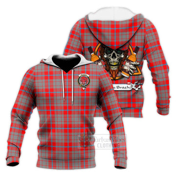 Moubray Tartan Knitted Hoodie with Family Crest and Bearded Skull Holding Bottles of Whiskey Unisex Knitted Pullover Hoodie - Tartan Vibes Clothing