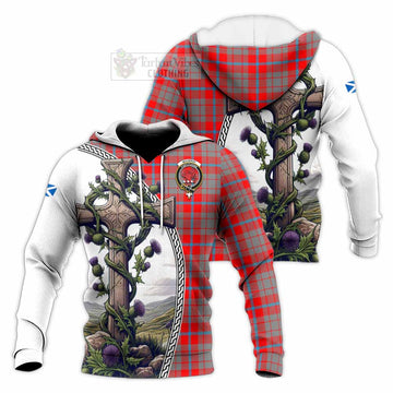 Moubray Tartan Knitted Hoodie with Family Crest and St. Andrew's Cross Accented by Thistle Vines Unisex Knitted Pullover Hoodie - Tartan Vibes Clothing