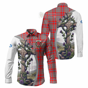 Moubray Tartan Long Sleeve Button Shirt with Family Crest and St. Andrew's Cross Accented by Thistle Vines Men's Shirt S - Tartan Vibes Clothing