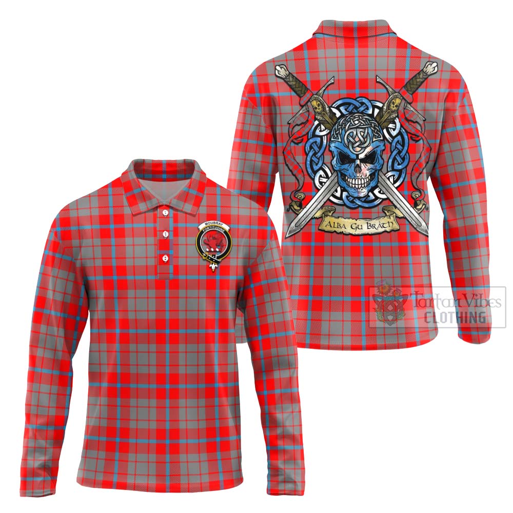 Moubray Tartan Long Sleeve Polo Shirt with Family Crest Celtic Skull Style Unisex - Tartan Vibes Clothing