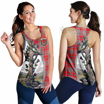 Moubray Tartan Women's Racerback Tanks with Family Crest and St. Andrew's Cross Accented by Thistle Vines 4XL - Tartan Vibes Clothing
