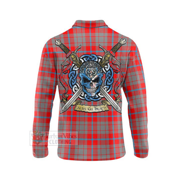 Moubray Tartan Long Sleeve Polo Shirt with Family Crest Celtic Skull Style - Tartan Vibes Clothing