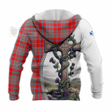 Moubray Tartan Knitted Hoodie with Family Crest and St. Andrew's Cross Accented by Thistle Vines - Tartan Vibes Clothing