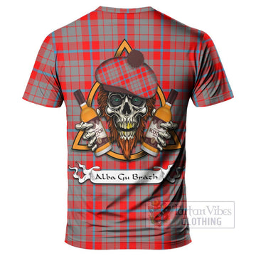 Moubray Tartan T-Shirt with Family Crest and Bearded Skull Holding Bottles of Whiskey - Tartan Vibes Clothing