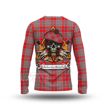 Moubray Tartan Long Sleeve T-Shirt with Family Crest and Bearded Skull Holding Bottles of Whiskey - Tartan Vibes Clothing