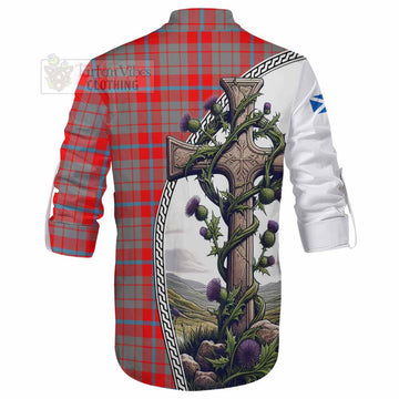 Moubray Tartan Ghillie Kilt Shirt with Family Crest and St. Andrew's Cross Accented by Thistle Vines - Tartan Vibes Clothing