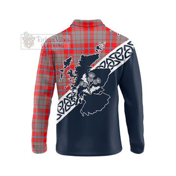 Moubray Tartan Long Sleeve Polo Shirt Featuring Thistle and Scotland Map - Tartan Vibes Clothing