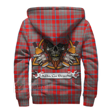 Moubray Tartan Sherpa Hoodie with Family Crest and Bearded Skull Holding Bottles of Whiskey - Tartan Vibes Clothing
