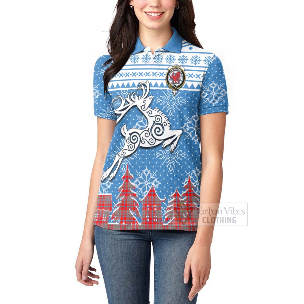 Moubray Clan Christmas Women's Polo Shirt Celtic Reindeer Style - Tartan Vibes Clothing