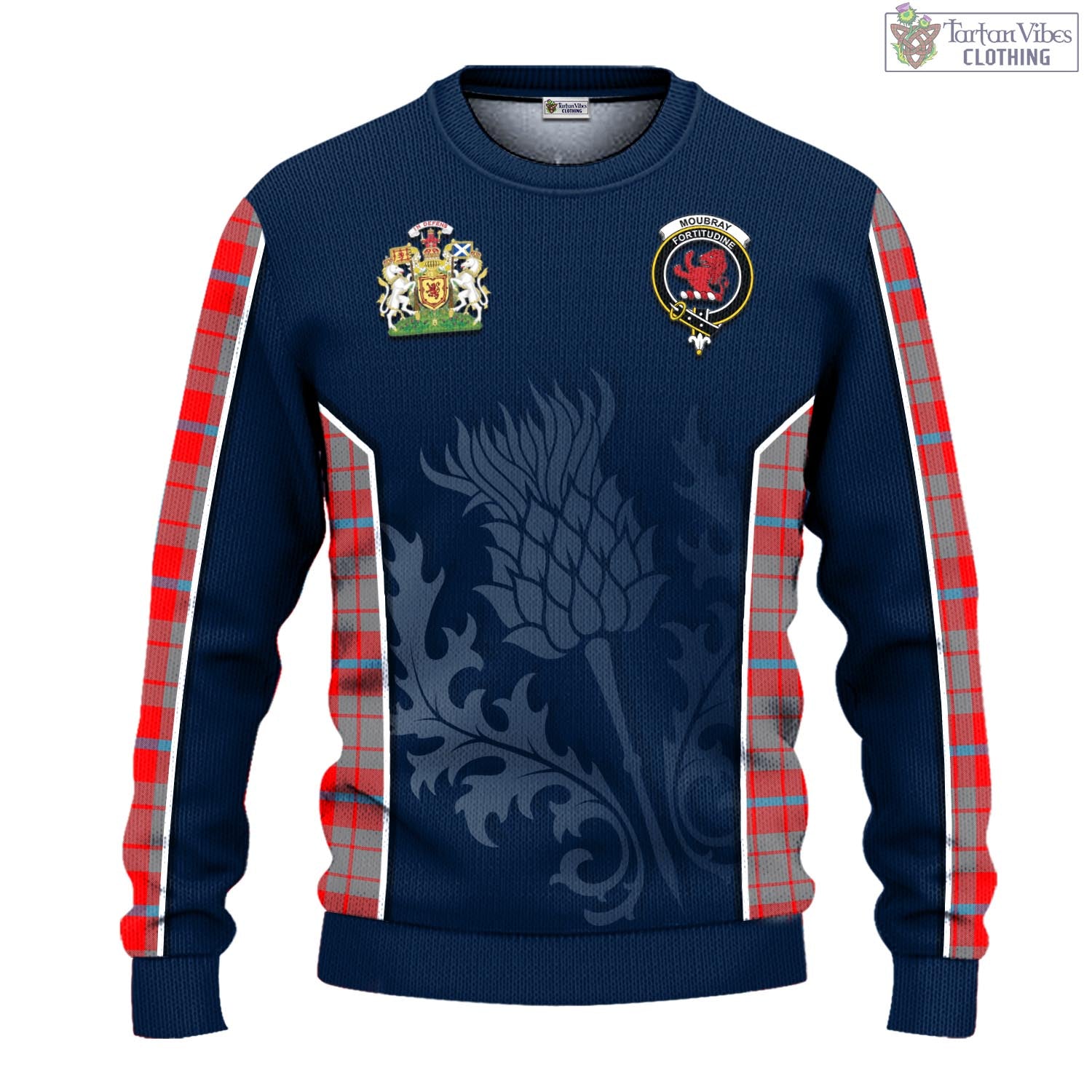 Moubray Tartan Knitted Sweatshirt with Family Crest and Scottish Thistle Vibes Sport Style - Tartan Vibes Clothing