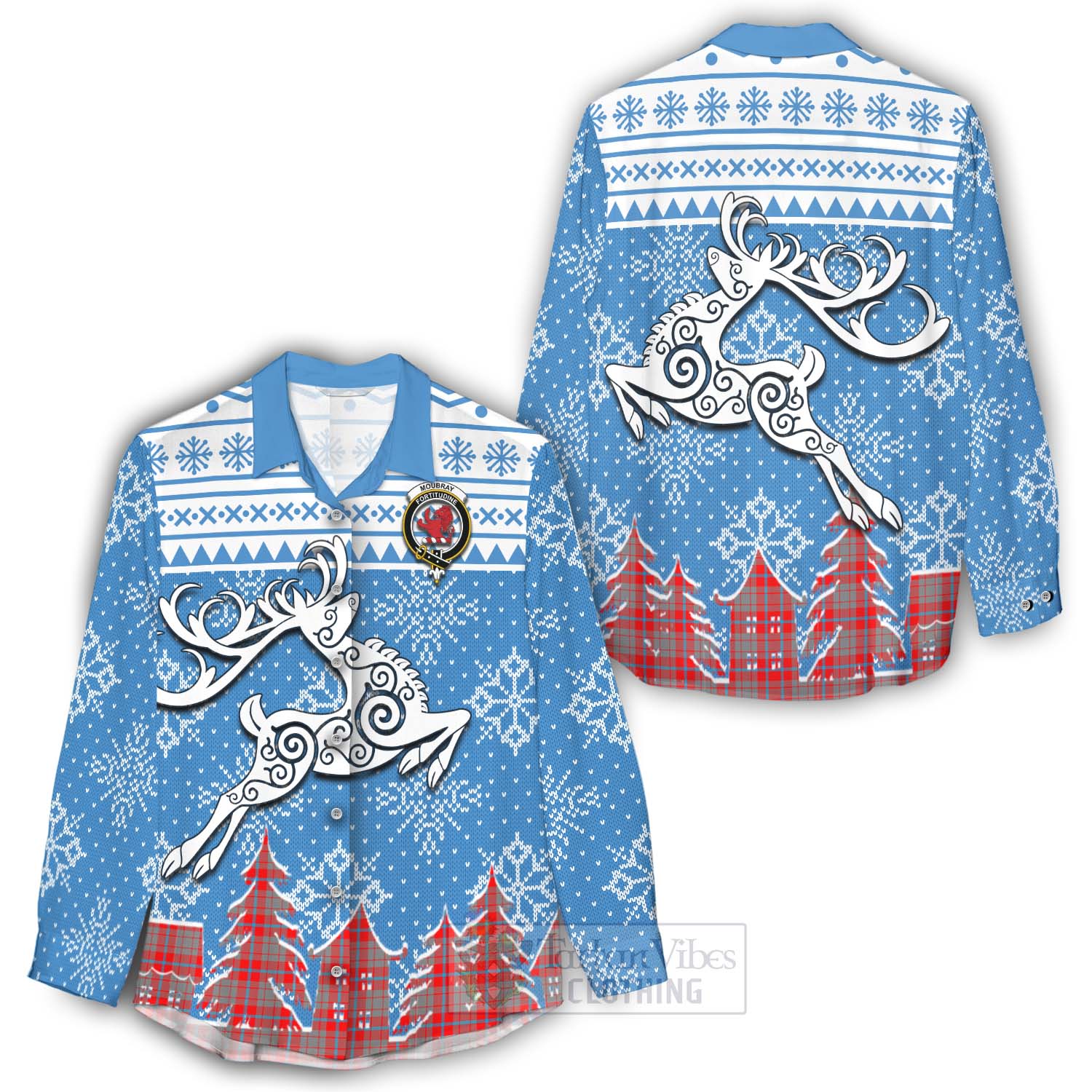Moubray Clan Christmas Women's Casual Shirt Celtic Reindeer Style - Tartan Vibes Clothing