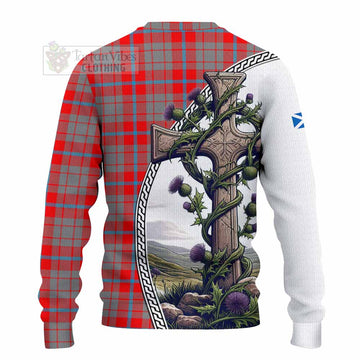Moubray Tartan Knitted Sweater with Family Crest and St. Andrew's Cross Accented by Thistle Vines - Tartan Vibes Clothing