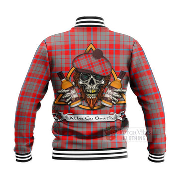 Moubray Tartan Baseball Jacket with Family Crest and Bearded Skull Holding Bottles of Whiskey - Tartan Vibes Clothing
